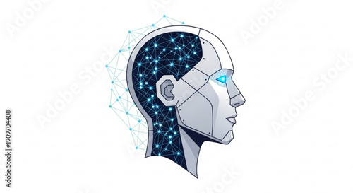 Cyborg head with glowing blue eye and starry neural network background futuristic robotic illustration