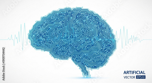 Artificial intelligence concept with blue circuit brain and neural network on white background with heartbeat line