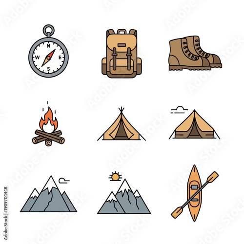 Collection of outdoor camping adventure icons on white background