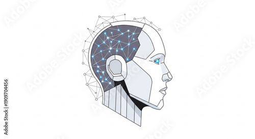 Robot head with starry night brain and blue eye looking right futuristic technology concept with geometric lines