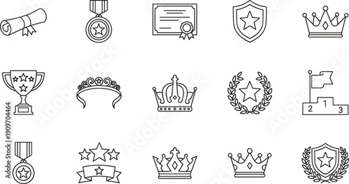 Achievement and award line icons set with trophies medals crowns certificates shields and ranking symbols