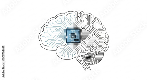 Brain with microchip implant symbolizing artificial intelligence and human machine interface technology concept