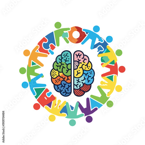 Colorful brain with diverse people united in a circle