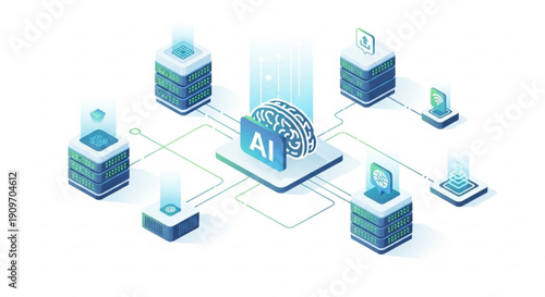 Artificial intelligence network connections concept with servers and brain symbol on white background