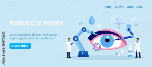 Robot arms operating healing eyeball. Robotic surgery. Machine surgeon and disease diagnostics. Vision eye surgery cataract and astigmatism. Medical technologies innovation