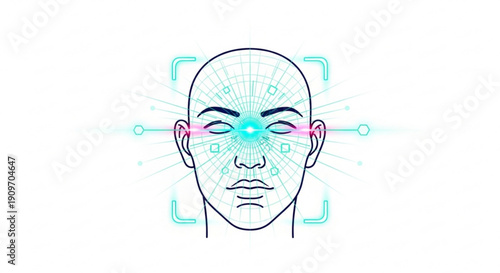 Facial recognition technology concept with human head and glowing blue circuits futuristic biometric identification