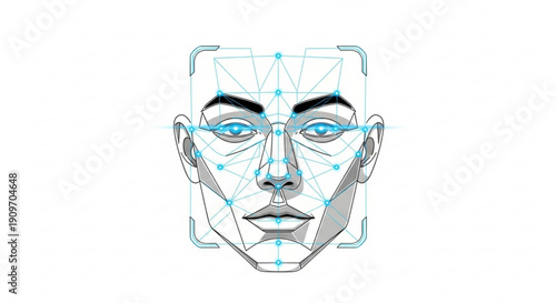 Detailed digital illustration of a human face with geometric facial recognition grid overlay featuring blue eyes and subtle shading on a white background