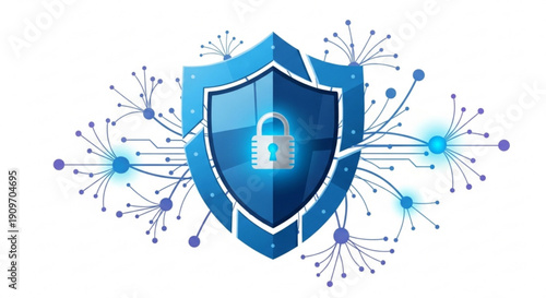 Blue shield with padlock and circuit board design elements for cybersecurity and protection concepts