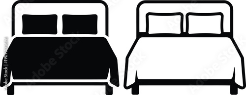 Two beds with different colored bedding and pillows in a minimalist design