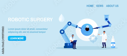 Robot arms operating healing eyeball. Robotic surgery. Machine surgeon and disease diagnostics. Vision eye surgery cataract and astigmatism. Medical technologies innovation