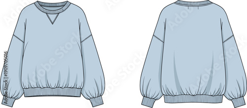 Oversized sweatshirt technical flat vector front back view apparel fashion template illustration design outline casual wear mockup
