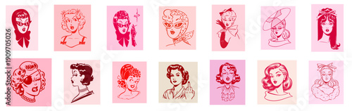 Retro pin-up women portraits set for Valentine’s Day — vintage 50s 60s beauty salon poster style girls, mid century glamour female faces, romantic pink aesthetic collection
