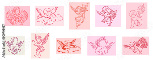 Hand Drawn Cupid and Angels Set for Valentine’s Day, Romantic Pink and Red Cherubs Praying, Sleeping on Clouds, Playing Harp, Holding Hearts and Rose Bouquet