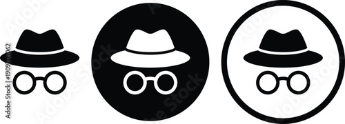 Three stylized icons of individuals wearing hats and glasses, depicted in black and white.