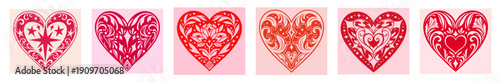 Valentine’s Day Ornamental Heart Set with Floral Swirls Roses Lace Patterns and Diagonal Hatching in Pink Red Tones
