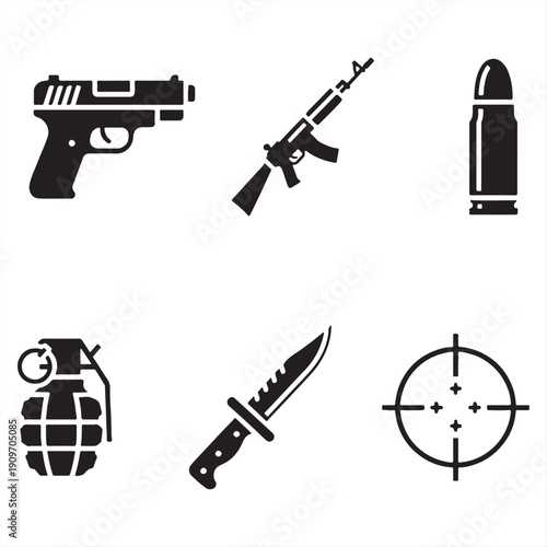 A collection of black silhouettes depicting various weapons and a target on a white background