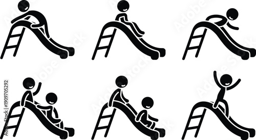 Silhouettes of stick figures on playground slides, safe and unsafe play behaviors vector illustration for childhood activity, safety, and educational design