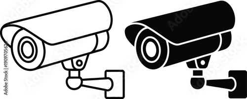 Two surveillance cameras mounted on walls with different orientations and styles