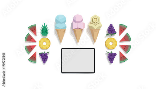 Minimalist Low-Poly Fruit and Ice Cream Mock-up Template for Summer Digital Product Launches and Flavor Selection Interface