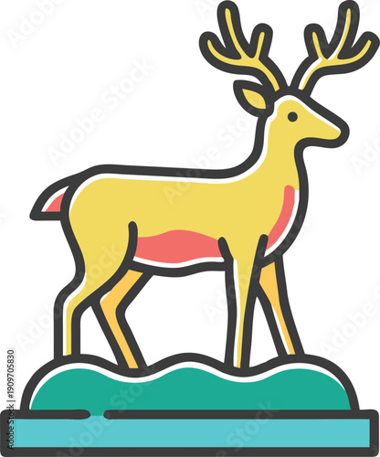 yellow pink brown deer cartoon illustration with antlers standing on green base in minimal wildlife design