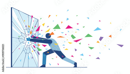 Dynamic illustration of business breakthrough, shattering the status quo to achieve market disruption and accelerated professional success.