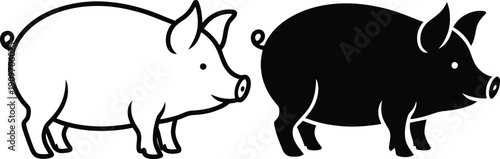 Two pigs standing side by side, one white and one black, facing the same direction.