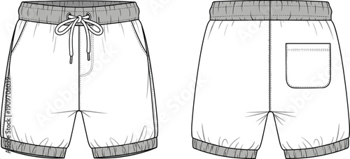 Technical flat sketch shorts front view, back view, fashion design template, garment construction, drawstring waistband, contrast detailing, apparel illustration