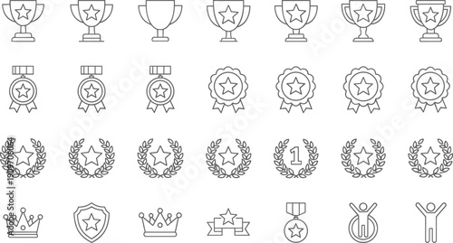 Award and trophy line icons set with medals crowns shields laurel wreaths and achievement symbols