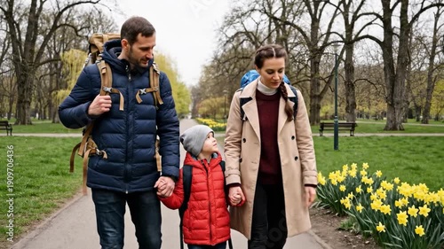 Family of three walking on a park path with daffodils