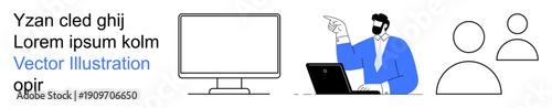 Education, remote work, business communication, teamwork, presentations, digital training. A man gestures beside a laptop, a monitor and avatar figures. Remote work and business communication