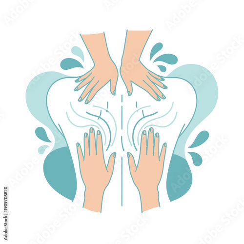 Hands massaging a person's back with water splash elements