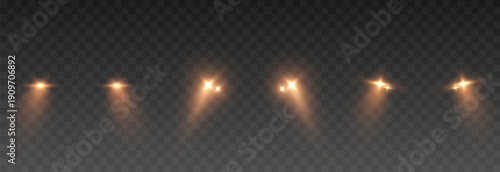 Set of realistic headlights with yellow light. Yellow headlight light PNG. Lighting from turned-on car headlights. Light effect.