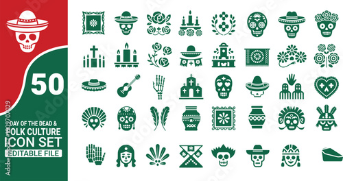 A collection of fifty green and white day of the dead and folk culture icons set