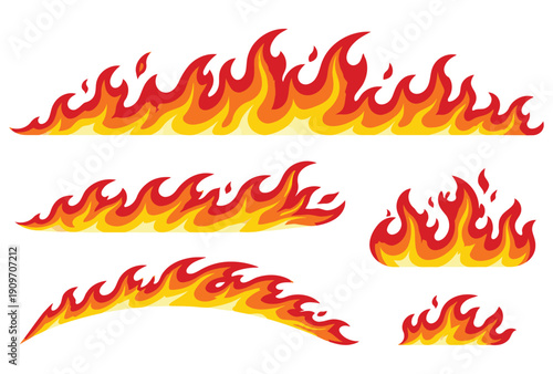 Stylized illustrations of fiery flames in various shapes and sizes