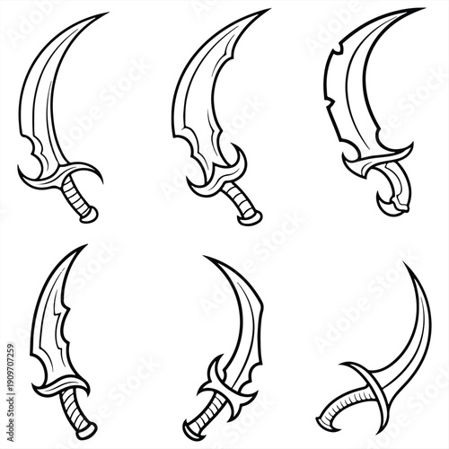 A collection of six curved swords with unique designs on a white background