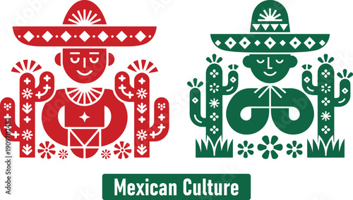 Mexican culture Stylized depictions of figures wearing sombreros with cacti representing 
