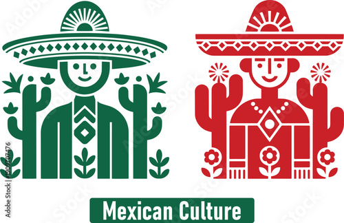 Stylized depictions of figures wearing sombreros with cacti representing Mexican culture 