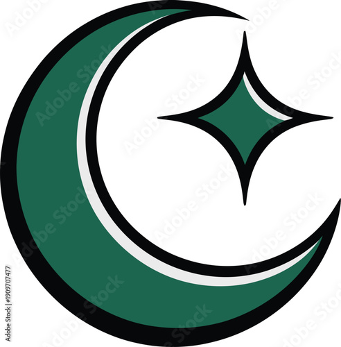 Green crescent moon and star symbol representing islamic culture and ramadan religious observance