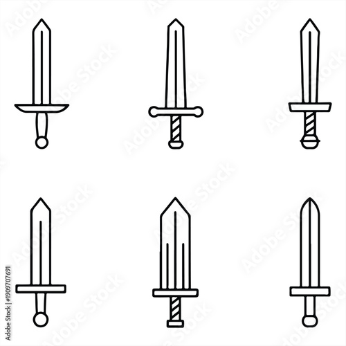 A collection of six different sword illustrations in black and white