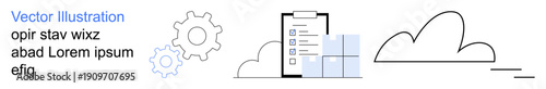 Cloud storage, project management, task organization, software integration, data processing, innovation. Outline of gears, checklist cloud shapes and abstract rectangles. Cloud storage and project