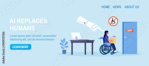Artificial Intelligence AI robot is replacing disabled person. People was dismissed. Work discrimination of employee with disability. Job loss due to technological progress. Robotic process automation
