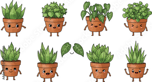 Eight cute cartoon potted plants with smiling faces and legs on white background