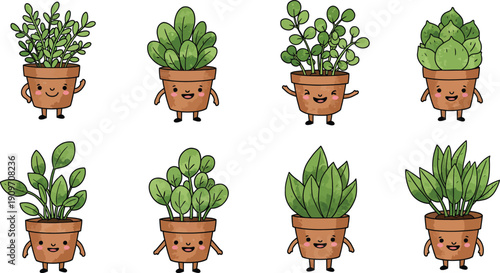 Eight cute cartoon potted plants with smiling faces on white background