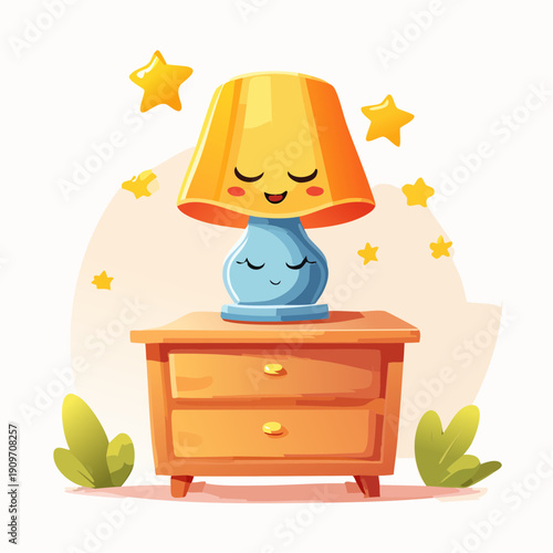 Cute smiling bedside lamp with stars and plants, happy and dreamy illustration