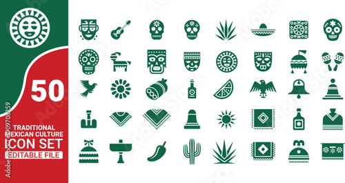 Collection of 50 dark green icons representing traditional elements of Mexican culture