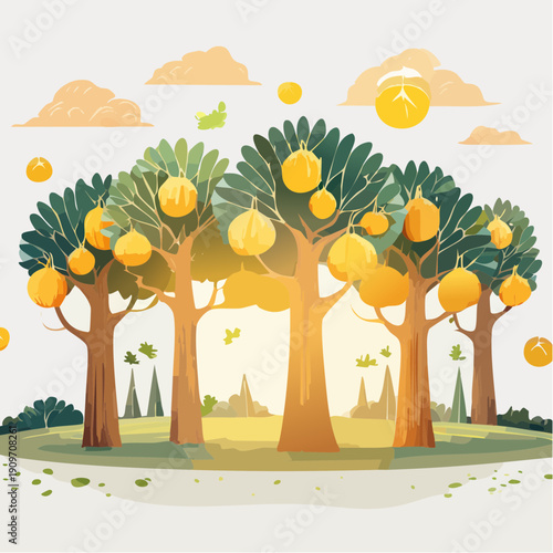 Sunlit orchard of citrus fruit trees with ripe yellow fruits, serene natural landscape