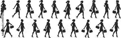 Silhouettes of woman walking with handbag in high heels, motion sequence poses vector illustration for fashion, animation, and design reference