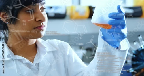 Lab pro raising beaker to light, rotating and testing orange sample while formulas overlaying face