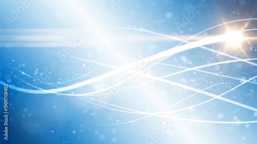 Abstract blue background with bright white curved lines, small bokeh dots, and flares