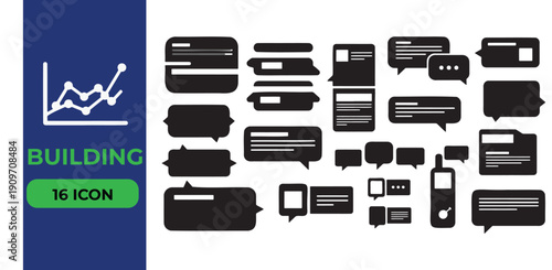 Set of 16 vector icons including an ascending line graph various styled speech bubbles and chat boxes as well as credit card and mobile phone icons